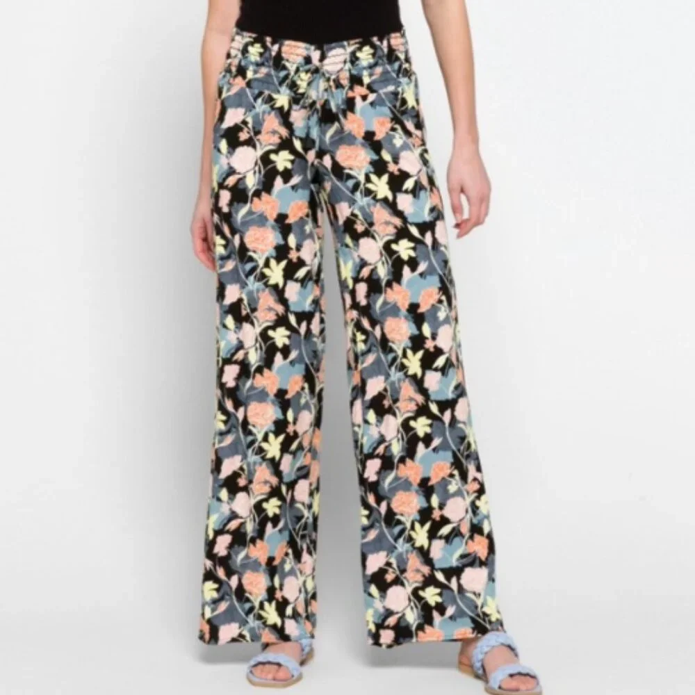 one 5 one Margery High Rise Wide Leg Floral Flowy Festival Boho Black Pants-M